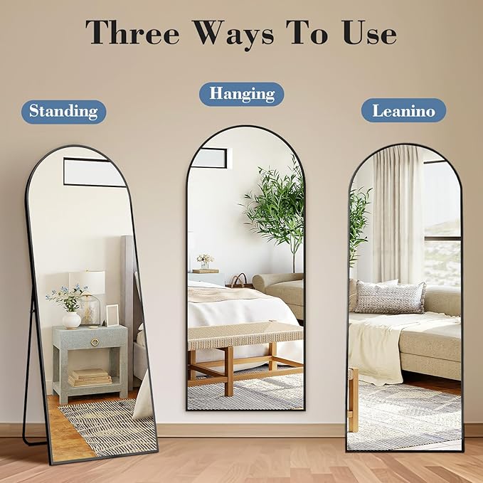 NEWBULIG Arched Mirror Full Length, 56"x15" Body Wall Mirrors with Shatter-Proof Glass, Upgraded Floor Standing Mirror, Hanging or Leaning, with Stand Aluminum Alloy Frame for Home Decor, Black