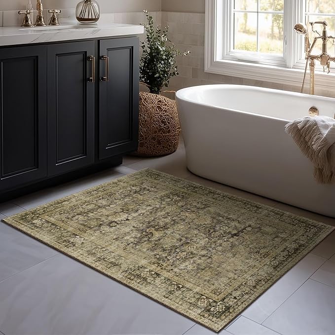 Washable 2x3 Entryway Rug, Boho Non-Slip Door Mat Vintage Distress Small Rugs for Kitchen Nursery Office Bedroom, 0.3" Neutral Oriental Throw Carpet with Cushioning Pad, Moss/Yellow/Multi, C3