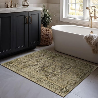 Washable 2x3 Entryway Rug, Boho Non-Slip Door Mat Vintage Distress Small Rugs for Kitchen Nursery Office Bedroom, 0.3" Neutral Oriental Throw Carpet with Cushioning Pad, Moss/Yellow/Multi, C3