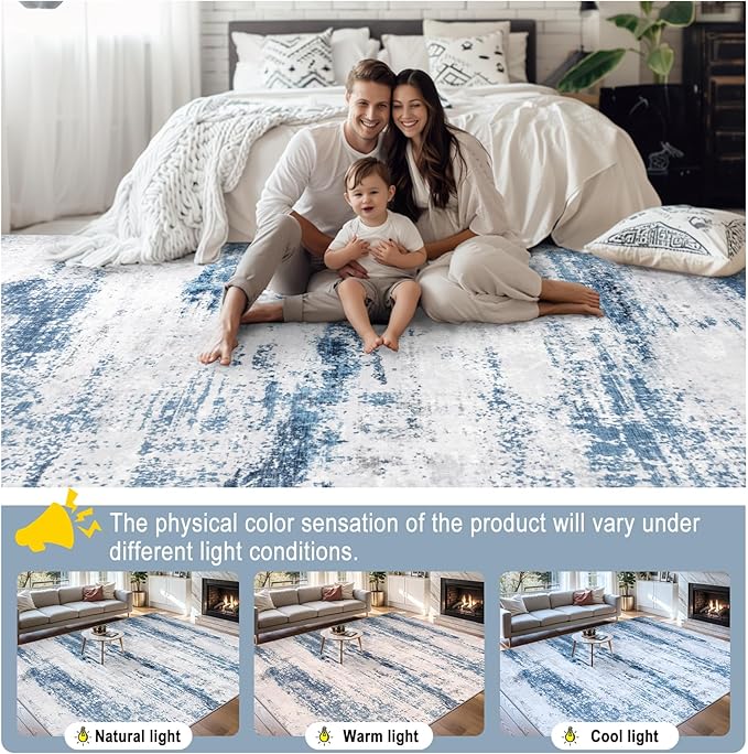 Area Rugs 10x12 Living Room - Washable Rug Modern Abstract Soft Large Neutral Non-Slip Carpet Indoor Floor Thin Carpets for Bedroom Dining Room Farmhouse Nursery Home Office White Blue Grey