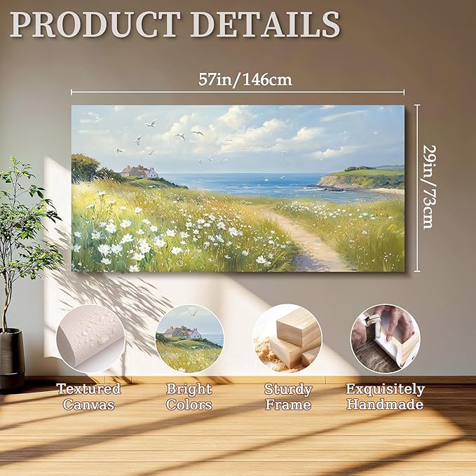 SERIMINO Seaside Nature Large Wall Art, Coastal Landscape Big Canvas Prints, Meadow Wildflowers Pictures Wall Decor, Sunny Scenery Home Decorations for Living Room Bedroom Farmhouse Cottage 29"X57"