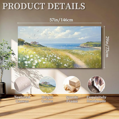 SERIMINO Seaside Nature Large Wall Art, Coastal Landscape Big Canvas Prints, Meadow Wildflowers Pictures Wall Decor, Sunny Scenery Home Decorations for Living Room Bedroom Farmhouse Cottage 29"X57"