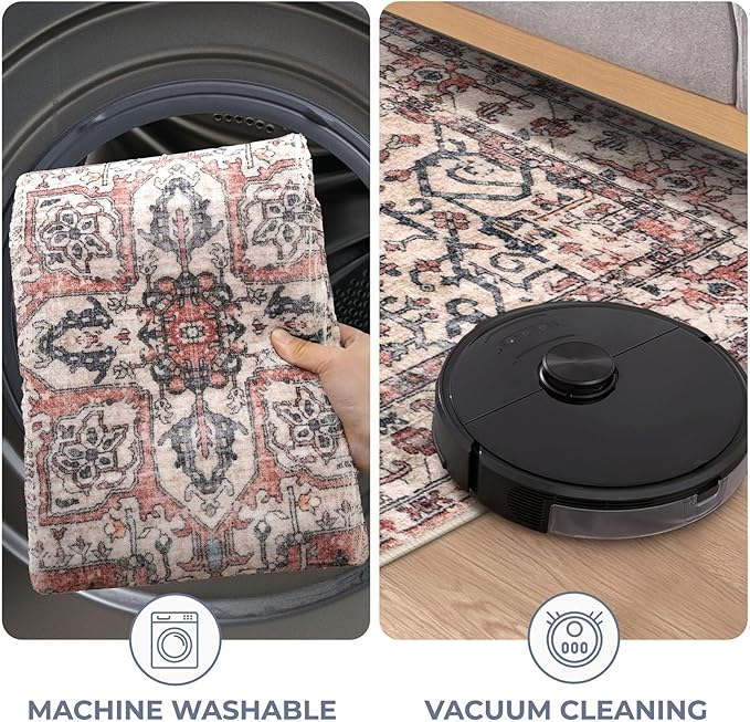 KOZYFLY Boho Area Rug 5x7 Ft Thin Washable Rugs for Living Room Faux Wool Throw Carpet Printed Non Slip Rug for Entryway Bedroom Dining Room Living Space, Red Salmon/Pink/Navy