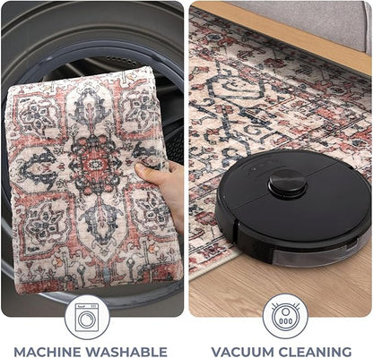 KOZYFLY Area Rug 8x10 Ft Thin Rugs for Living Room Washable Bedroom Rug Non Slip Rugs for Living Room Printed Faux Wool Vintage Bedroom Rug Floor Carpet for Dining Room, Red Salmon/Pink/Navy