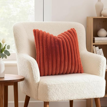 decorUhome Cozy Faux Fur Throw Pillow Covers 20x20 Set of 2 Decorative Soft Plush Striped Modern Farmhouse Boho Couch Pillow Cases with Velvet Back for Sofa Bed Living Room, Rust