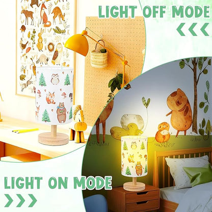 Woodland Animals Table Lamp - Woodland Kids Bedside Lamp with Linen Wooden Nightstand Cartoon Nursery Lampshade for Kids Room Decor