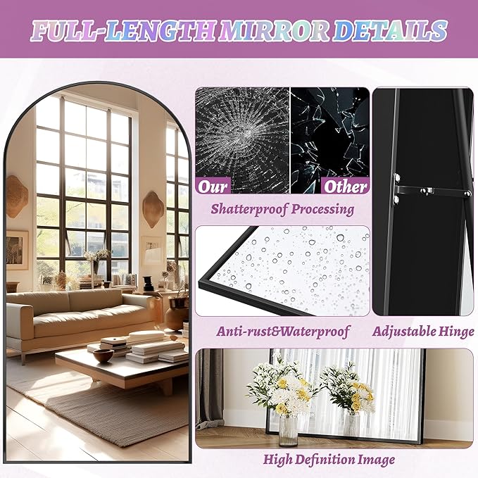 Full Length Mirror, 81"x41" Oversized Floor Mirror Freestanding, Full Body Floor Standing Mirror with Stand, Hanging Mounted for Bedroom Living Room, Black, Arched Style