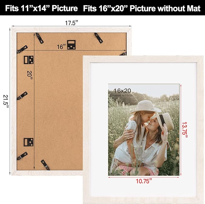 Momentworth 16x20 Picture Frame with Mat for 11x14 Set of 3, Rustic White Wood Grain 16x20 Frames for Wall Mounting (3 Pack, White)