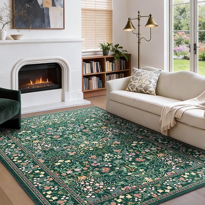 AMADA HOMEFURNISHING 5x7 Area Rug, Washable Living Room Rug with Non-Slip Backing, Low Pile and Durable Edge Binding, Vintage Soft Floral Rugs for Living Room, Bedroom, Dining Room