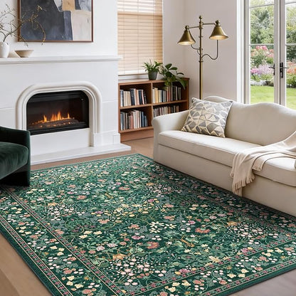 AMADA HOMEFURNISHING 5x7 Area Rug, Washable Living Room Rug with Non-Slip Backing, Low Pile and Durable Edge Binding, Vintage Soft Floral Rugs for Living Room, Bedroom, Dining Room