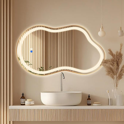 Irregular Led Backlit Bathroom Mirror -24"x36" Single Piece, Asymmetrical Cloud Lighted Vanity Mirror with Lights for Wall, Anit-Fog, Dimmable, Memory (Vertical/Horizontal)