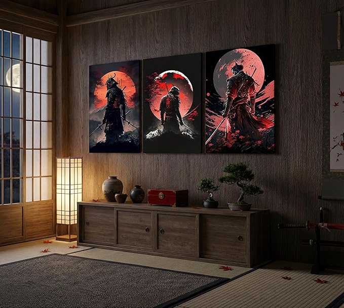 3pcs Japan Samurai Canvas Wall Art Japanese Bushido Posters Prints Paintings Japanese Style Full Moon Ninja Wall Decor Pictures for Living Room Bedroom Home Artwork Decoration Unframed