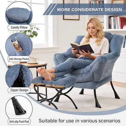 MBOOYOME Lazy Chair with Folding Ottoman, Modern Accent Armchair with Armrests and a Side Pocket & Foldable Footstool, Reading Chair for Living Room, Bedroom & Dorm, Plush Light Blue
