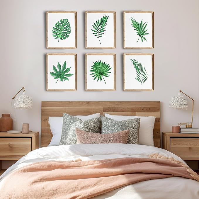 DREAM BIG PRINTABLES Tropical Leaves Wall Art Prints (Set of 6) - Botanical, Vintage, Aesthetic - Unframed 8x10s - Green Leaf Pattern - Indoor, Kitchen, Living Room