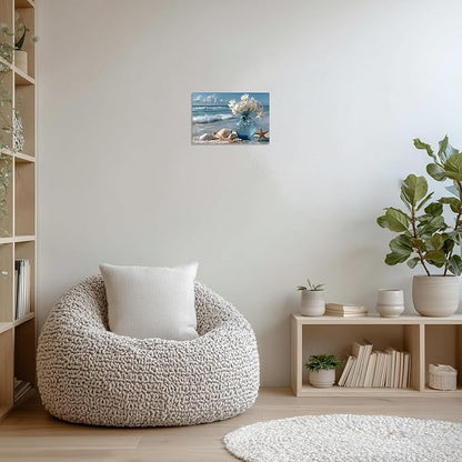 TutuBeer Beach Bathroom Canvas Wall Art Starfish with White Flower Coastal Pictures Wall Art Canvas Seascape Poster Seaside Seashell Painting Print Artwork for Living Room Bedroom 24"x36"x1 Panel