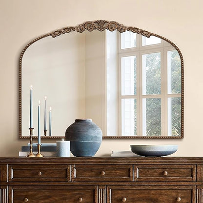 Besdomus Gold Large Arched Mirror: 40"x29" French Baroque Vintage Mirror - Traditional Ornate Antique for Mantel/Bedroom/Entryway/Bathroom/Hallway - Home Decor for Fashion-Conscious