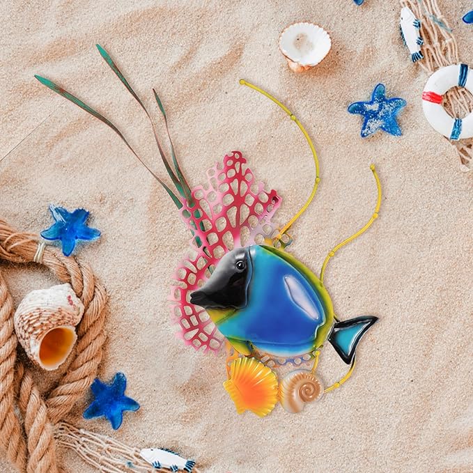 dreamskip Sea Fish Metal Beach Wall Decor Art, Blue Ocean Themed Wall Sculpture, Coastal Outdoor Decor For Pool, Garden, Fence, Patio, Bathroom Indoor Decoration