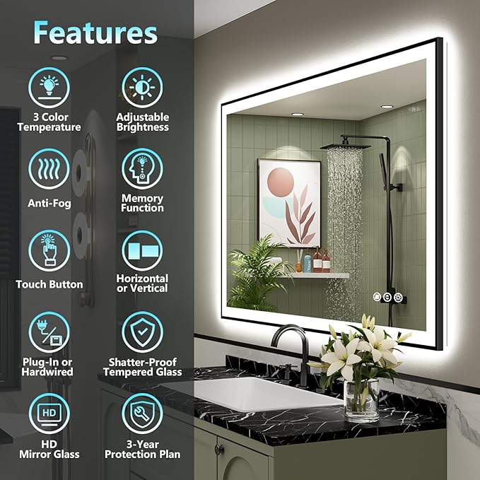 44x32 Black Framed LED Bathroom Mirror with Lights, Backlit and Front Lit Anti-Fog Lighted Vanity Mirrors for Bathroom Wall, Dimmable, 3 Colors, Memory, HD Tempered Glass, Horizontal/Vertical