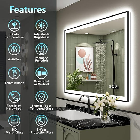 48x32 Black Framed LED Bathroom Mirror with Lights, Backlit and Front Lit Anti-Fog Lighted Vanity Mirrors for Bathroom Wall, Dimmable, 3 Colors, Memory, HD Tempered Glass, Horizontal/Vertical