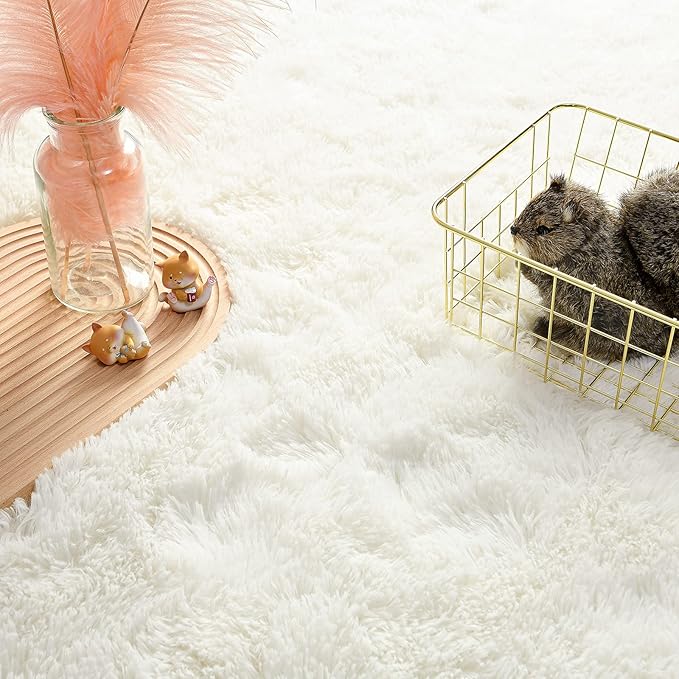 Andecor Soft Fluffy Bedroom Rugs, 8 x 10 Feet Indoor Shaggy Plush Area Rug for Boys Girls Kids Baby College Dorm Living Room Home Decor Floor Carpet, Cream White