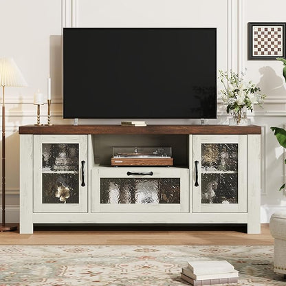 Farmhouse TV Stand for 60 Inch TVs, Wood Entertainment Center with Acrylic Door Storage Cabinets, Adjustable Shelves, Sturdy TV Console Table for Living Room Bedroom, Rustic White