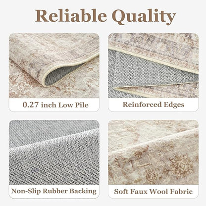 Beige 2x10 Rug Runners for Hallways Non Slip, Long Kitchen Runner Rugs Non Skid Washable, Vintage Farmhouse Neutral Low Pile Thine Carpet Runners for Entryway Corridor Mudroom Foyer