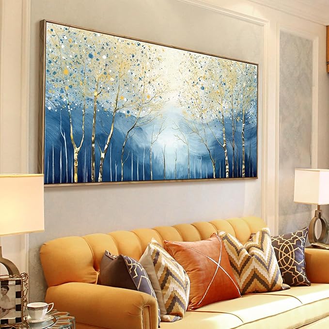 Extra Framed Modern Living Room Wall Art. Abstract Landscape Canvas Print Picture, Blue And Yellow Plant And Forest Artwork For Offices, Studies, Bedrooms, Dining Rooms, And Lounges. 58X29 Inches.