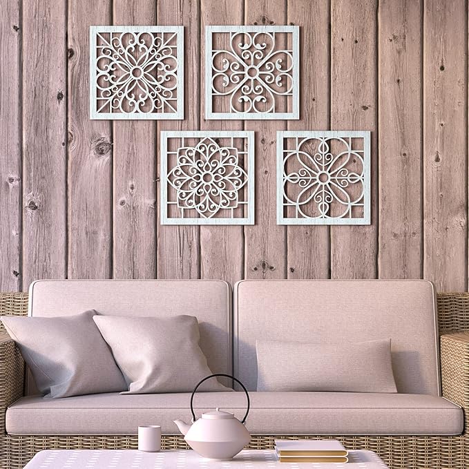 Yulejo 4 Pieces Thicken Rustic Wall Art - Farmhouse Wooden Hollow Carved Design for Living Room, Bedroom, Hallway, Office, Kitchen Decoration (Light Cyan)