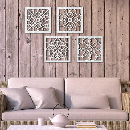 Yulejo 4 Pieces Thicken Rustic Wall Art - Farmhouse Wooden Hollow Carved Design for Living Room, Bedroom, Hallway, Office, Kitchen Decoration (Light Cyan)