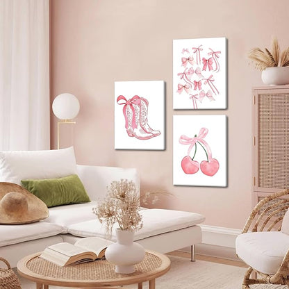 Fashion Pink Bows Wall Art Set of 3, Preppy Watercolor Cherry Cowboy Boots Wall Decor Posters, Cute Aesthetic Room Decor Canvas Prints Picture for College Girl Apartment Bedroom 16x24 Inch Framed