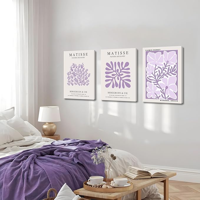 Framed Purple Matisse Wall Art Set of 3, Abstract Henri Matisse Canvas Wall Decor Paintings, Light Purple Flower Market Room Aesthetic Posters Prints for Living Room Bedroom Bathroom 12x16 In