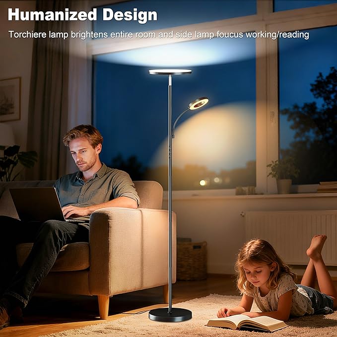 2025 Floor Lamp, 42W 4200LM Torchiere LED Lamp for Living Room, Stepless Dimming Floor Lamps with Remote Control, 2700K-6500K Color, 70" Tall Standing Lamp with Reading Light for Bedroom Office Hotel