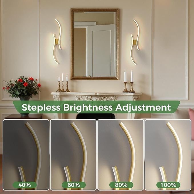 DORESshop Battery Operated Wall Sconces Set of 2, Acrylic Modern Wireless Rechargeable Wall Lights with Dimming, 3000K-6000K, 8000mAh, Sconce Wall Decor for Living Room, Hallway, Bedroom, Gold, 39in