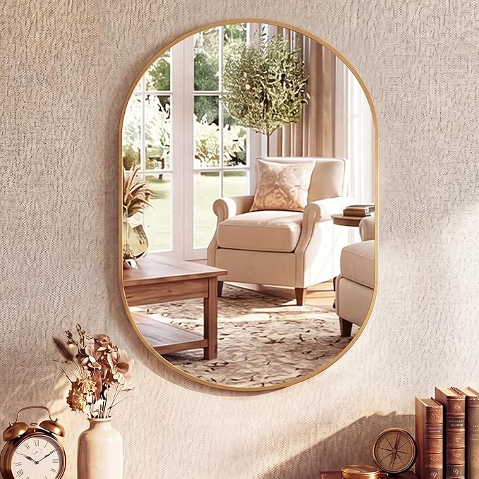NEWBULIG 20" x 30" Oval Bathroom Mirror, Gold Wall Mirror with Metal Frame, Tempered Glass, Morden Vanity Mirror for Over Sink, Entryway, Living Room, Bedroom, Horizontal or Vertical