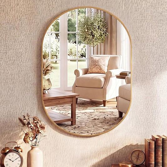 NEWBULIG 20" x 30" Oval Bathroom Mirror, Gold Wall Mirror with Metal Frame, Tempered Glass, Morden Vanity Mirror for Over Sink, Entryway, Living Room, Bedroom, Horizontal or Vertical