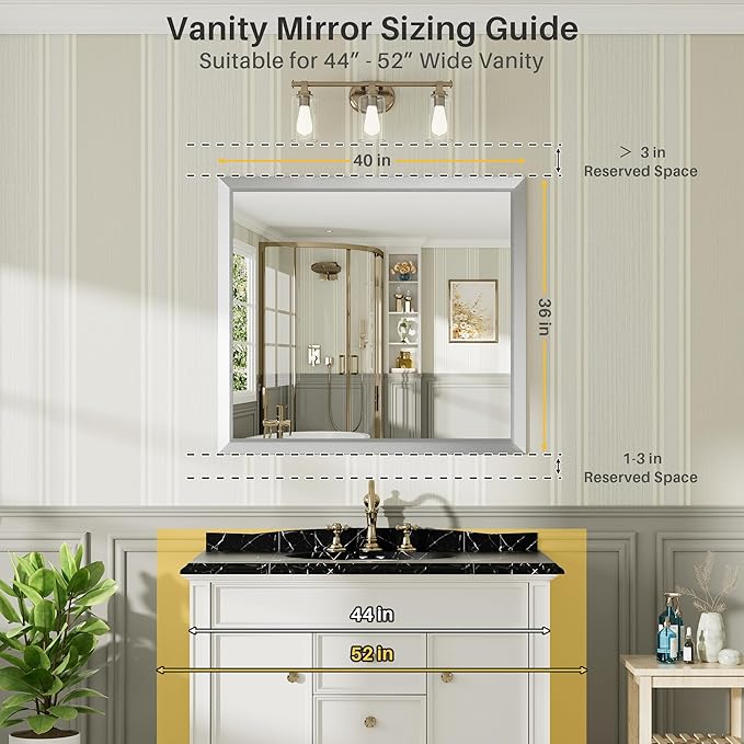 40x36 Inch Brushed Silver Bathroom Mirror for Wall, Thick Metal Framed Rectangle Mirrors for Over Sink, Bedroom, Living Room, Entryway, Anti-Rust, HD Tempered Glass
