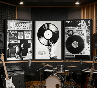 3Pcs Retro Music Poster Wall Art Fashion Black And White Photography Preppy Vinyl Record Store Painting Picture Wall Decor Bar Rock Music Lovers Print Artwork for Recording Studio Club Home Decoration