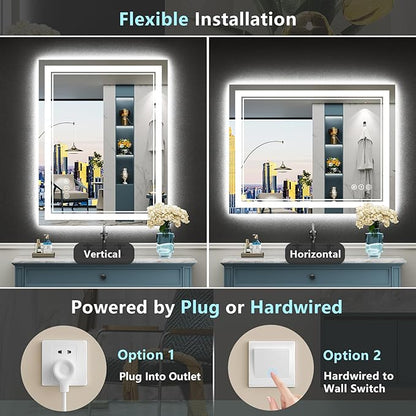 24x36 LED Bathroom Mirror with Lights, Backlit and Front Lit Anti-Fog Lighted Vanity Mirrors for Bathroom Wall, Dimmable, 3-Color Light, Memory, Shatter-Proof, HD Tempered Glass, CRI＞90