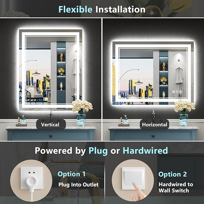 24x30 LED Bathroom Mirror with Lights, Backlit and Front Lit Anti-Fog Lighted Vanity Mirrors for Bathroom Wall, Dimmable, 3-Color Light, Memory, Shatter-Proof, HD Tempered Glass, CRI＞90