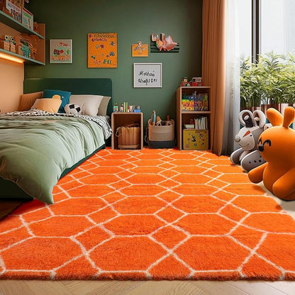 ONASAR Area Rugs for Bedroom Living Room, 4x6 Fluffy Orange and White Throw Rug, Geometric Soft Shaggy Fuzzy Plush Indoor Floor Carpet for Kids Teen Nursery Dorm Office Home Decor Aesthetic