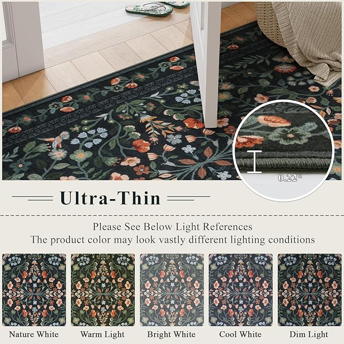 Lahome Black Floral Washable Rug 5x7, Vintage Non Slip Stain Resistant Carpet for Bedroom Kitchen Entryway, Low-Pile Soft Boho Rug for Living Room Office, Machine Washable Home Decor, Black