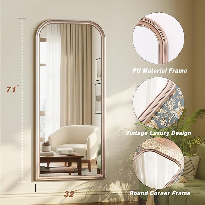 32"×71" Rounded Top Large Full Length Mirror, Arched Vintage Floor Stangding Body Mirror - PU Frame, Wall Mounted Hanging Leaning Antique Decor for Dressing Room, Entryway, Bedroom, Silver
