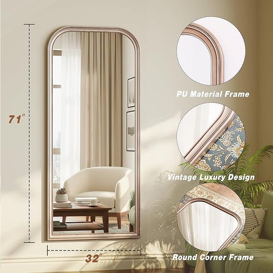 32"×71" Rounded Top Large Full Length Mirror, Arched Vintage Floor Stangding Body Mirror - PU Frame, Wall Mounted Hanging Leaning Antique Decor for Dressing Room, Entryway, Bedroom, Silver