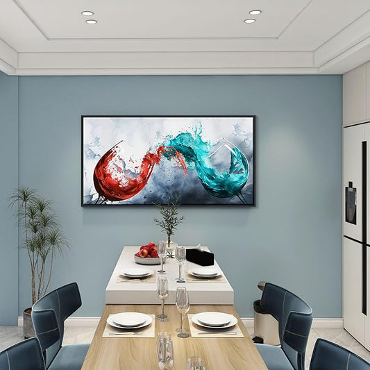 Framed Blue & Red Wine Glass Collisions Canvas Art | 24x48 inches | Modern Kitchen & Dining Room Decor | Abstract Wine Cup Painting | Contemporary Bar & Living Room Wall Art | pictures wall decor