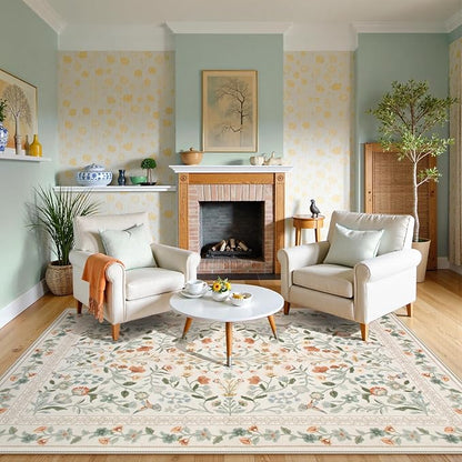 Lahome Floral Washable Area Rug 9x12, Extra Large Non Slip Carpet for Living Room Dining Room, Low-Pile Soft Botanical Rug for Bedroom Office, Machine Washable Home Decor, Beige