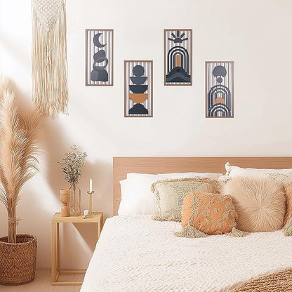 Blue Boho Wall Decor Set of 4, Abstract Blue Wall Art & Wall Decor Blue, Mid-Century Modern Aesthetic Artwork with Arch,Framed Wall Art - 3D Wooden Geometric Wall Sculpture for Bedroom Living Room Office (E)