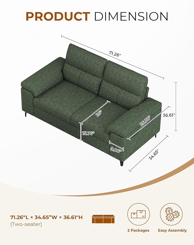 Upvilla 71.25" Modern Sofa Couch for Living Room, Deep Seat Sofas with 8”Cushion, Comfy 2-Seater Chenille Loveseat with Convertible Armrest, Removable Sofa Cover, High Leg(Green)