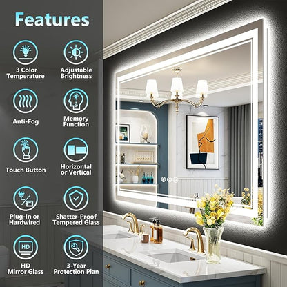 50x36 LED Bathroom Mirror with Lights, Backlit and Front Lit Anti-Fog Lighted Vanity Mirrors for Bathroom Wall, Dimmable, 3-Color Light, Memory, Shatter-Proof, HD Tempered Glass, CRI＞90