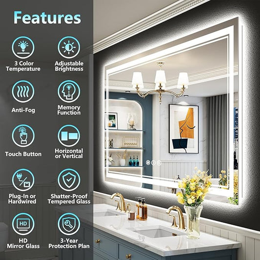 50x40 LED Bathroom Mirror with Lights, Backlit and Front Lit Anti-Fog Lighted Vanity Mirrors for Bathroom Wall, Dimmable, 3-Color Light, Memory, Shatter-Proof, HD Tempered Glass, CRI＞90