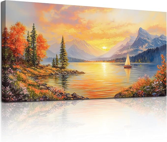 SERIMINO Autumn Landscape Wall Art, Lake Sunset Canvas Extra Large Artwork, Mountain Forest Boat Nature Art Prints, Modern Wall Pictures for Living Room Bedroom, Rustic Farmhouse Wall Decor 29"X57"
